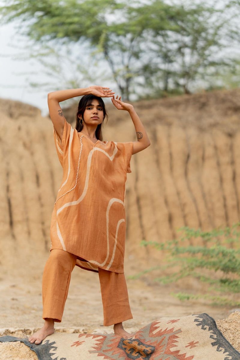 PASTEL ORANGE CAFTAN SET chanderi by Nirjara in rust color for women Worldwide