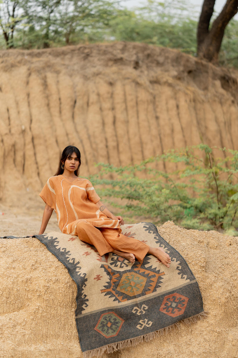 PASTEL ORANGE CAFTAN SET chanderi by Nirjara in rust color for women Worldwide