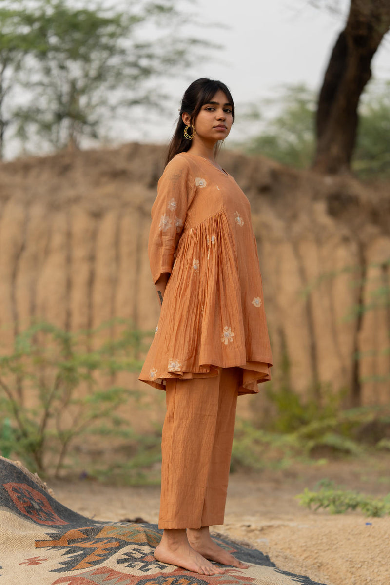 PASTEL ORANGE NARA SET chanderi by Nirjara in rust color for women Worldwide