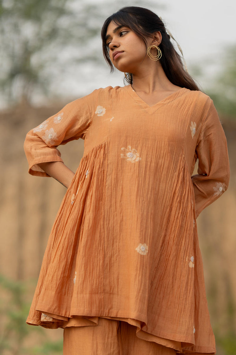 PASTEL ORANGE NARA SET chanderi by Nirjara in rust color for women Worldwide