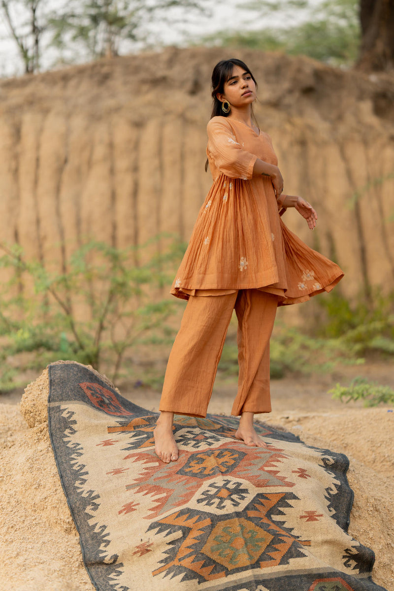 PASTEL ORANGE NARA SET chanderi by Nirjara in rust color for women Worldwide