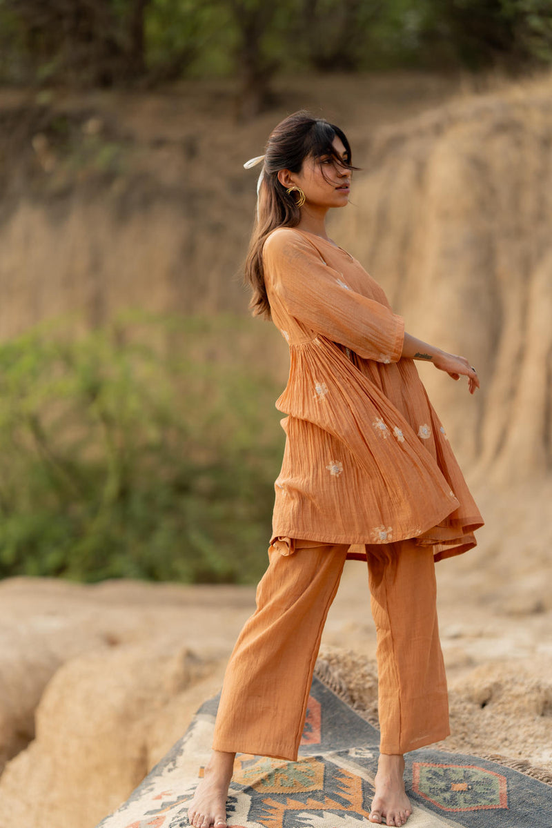 PASTEL ORANGE NARA SET chanderi by Nirjara in rust color for women Worldwide