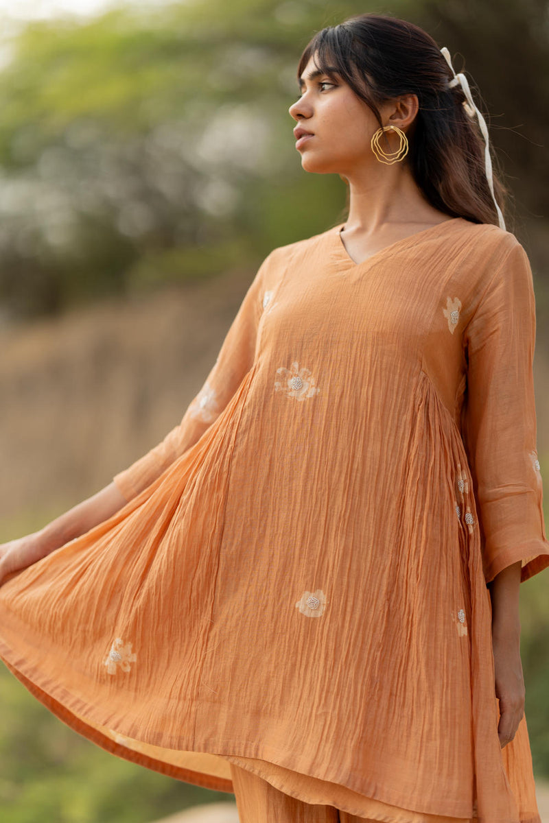 PASTEL ORANGE NARA SET chanderi by Nirjara in rust color for women Worldwide