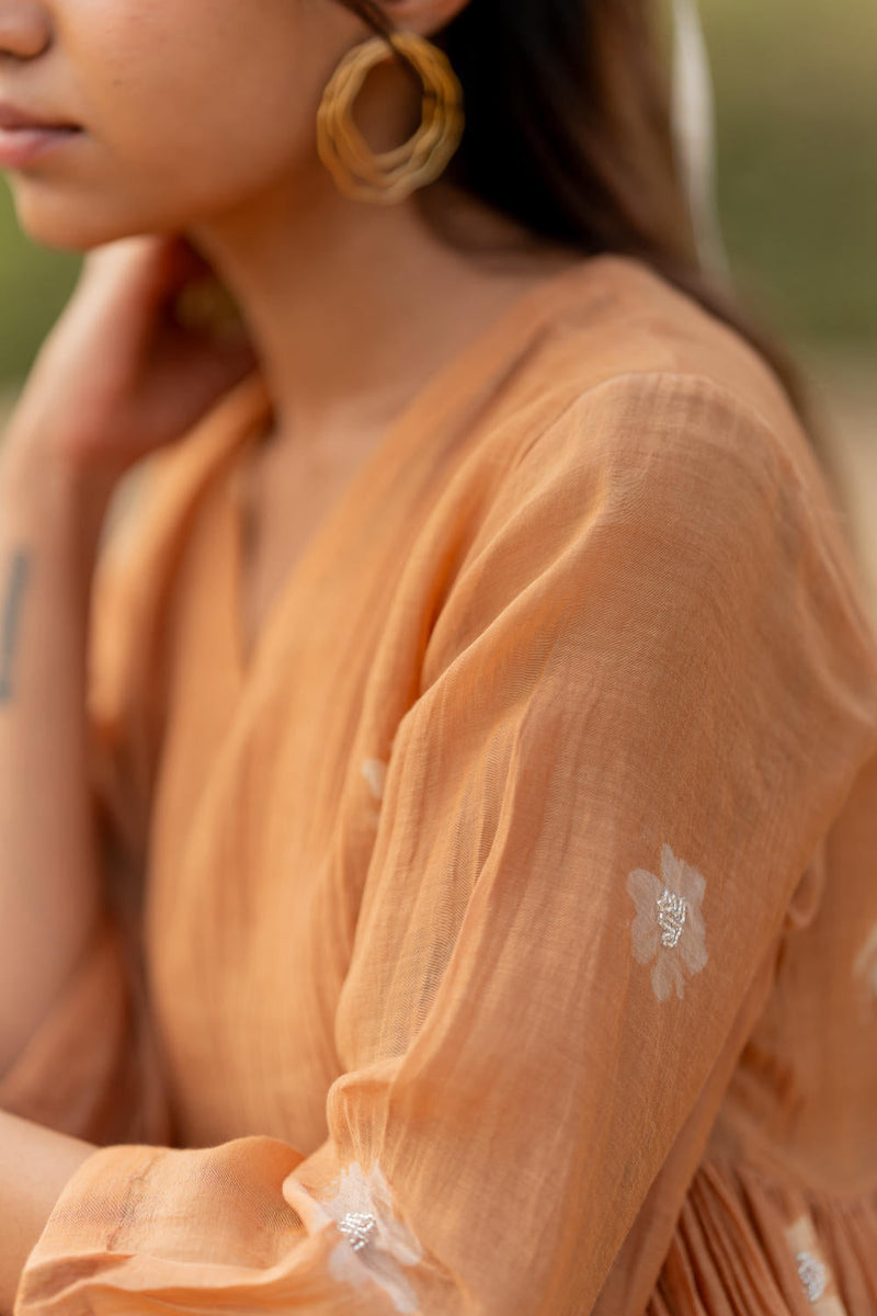PASTEL ORANGE NARA SET chanderi by Nirjara in rust color for women Worldwide