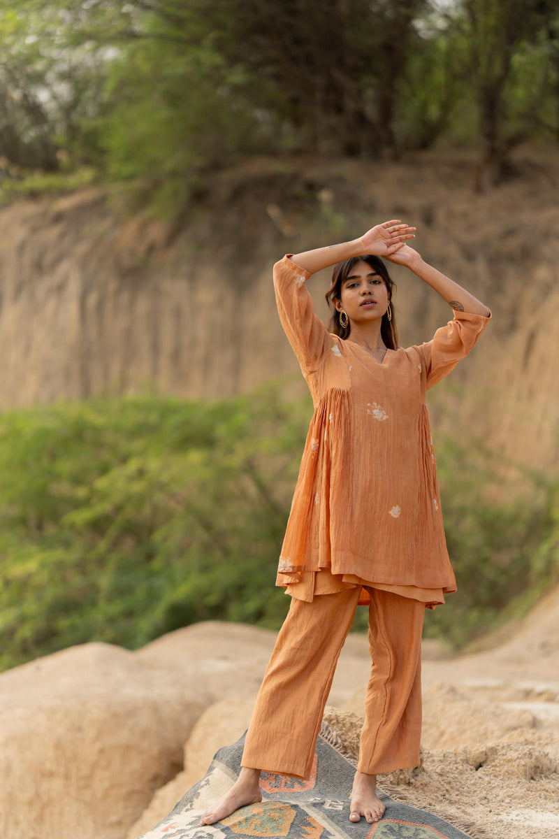 PASTEL ORANGE NARA SET chanderi by Nirjara in rust color for women Worldwide