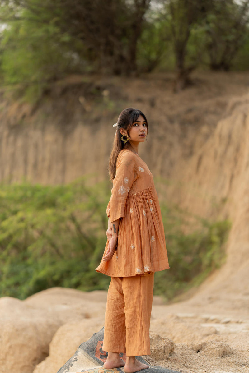 PASTEL ORANGE NARA SET chanderi by Nirjara in rust color for women Worldwide