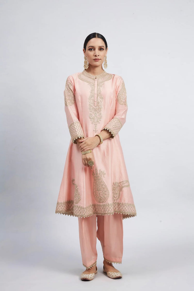 Rabhya A-line short kurta with salwar and dupatta-Carnation pink silk by SHEETAL BATRA in pink color for women Worldwide