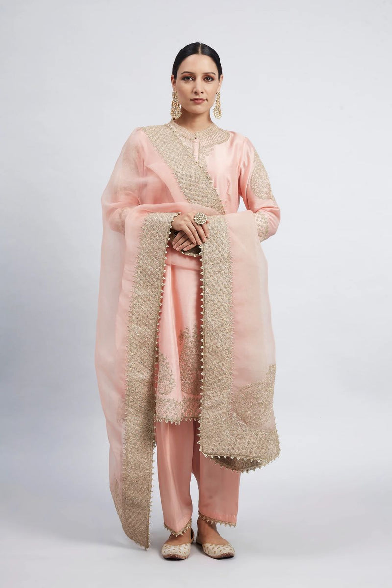 Rabhya A-line short kurta with salwar and dupatta-Carnation pink silk by SHEETAL BATRA in pink color for women Worldwide