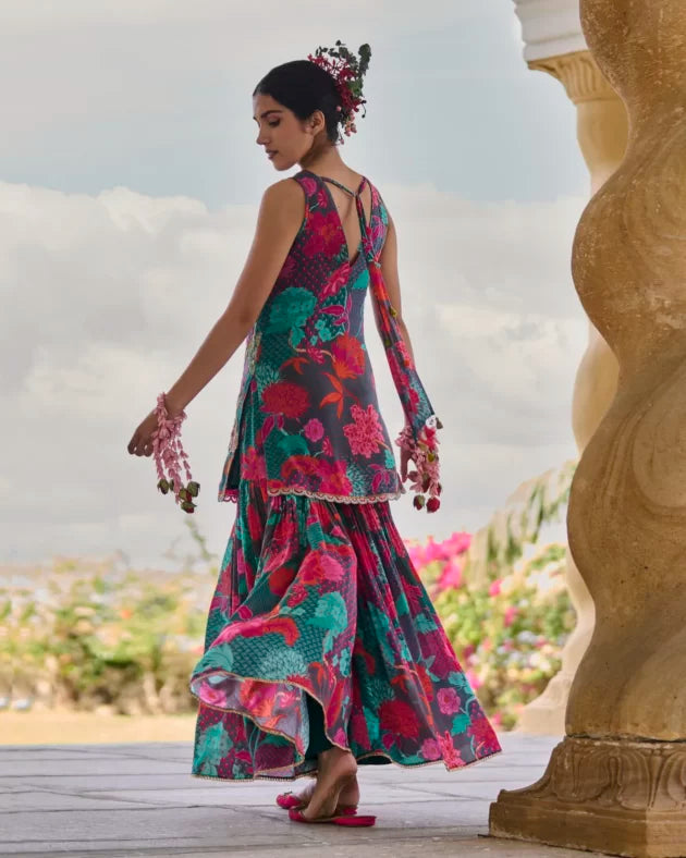 GUL TEAL FLORAL CREPE GHARARA SET by Rajiramniq for women Worldwide
