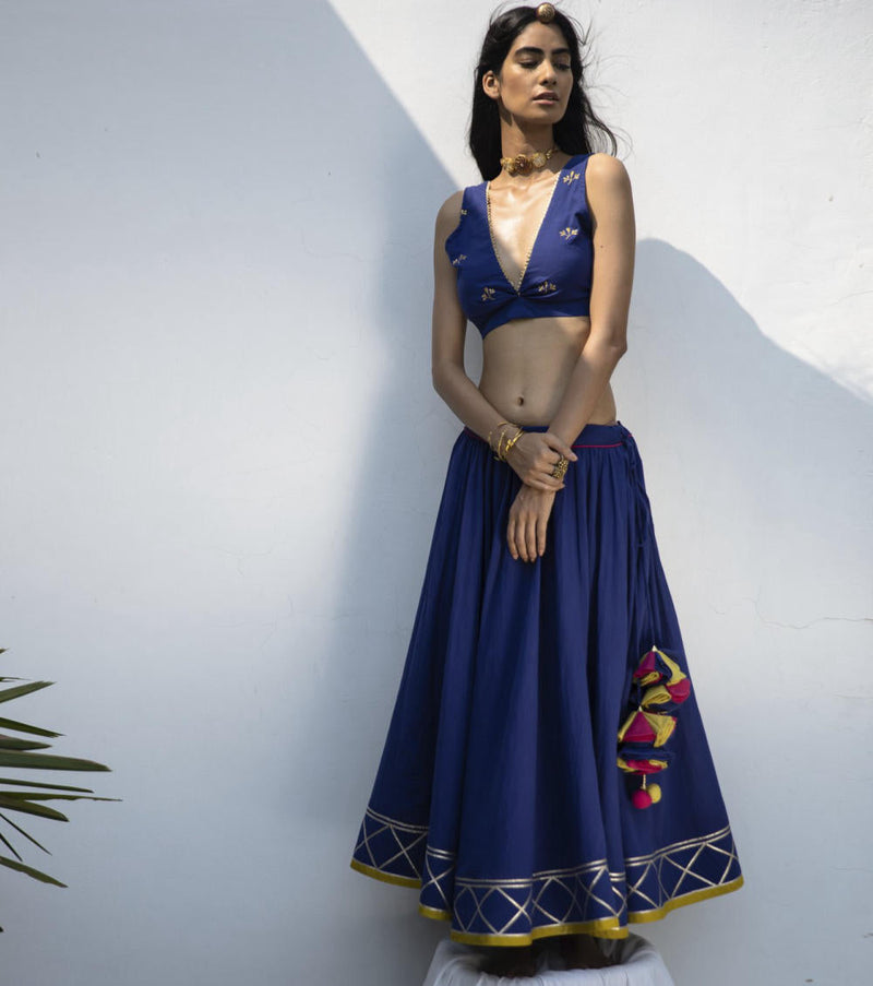 Raqs ghagra set cotton Lehenga Sets by Khara Kapas in blue for women Worldwide