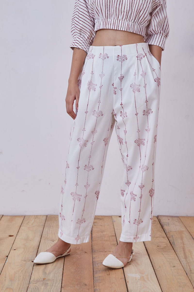Ratan Red Hand Printed Pant cotton cambric pant/trouser by The Summer House for women Worldwide
