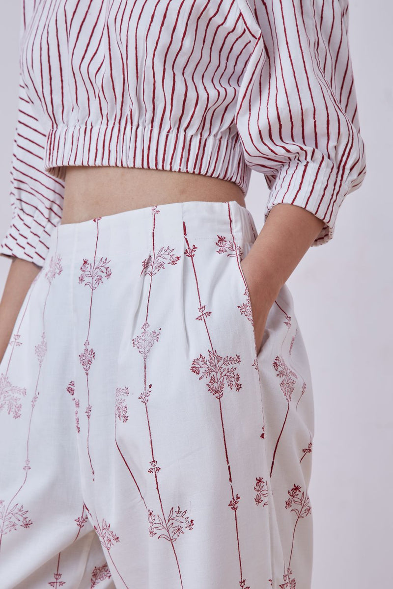 Ratan Red Hand Printed Pant cotton cambric pant/trouser by The Summer House for women Worldwide