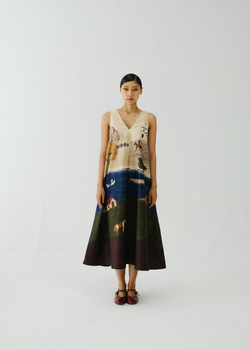 Ravine Dress-Village Print satin by CORD for women Worldwide
