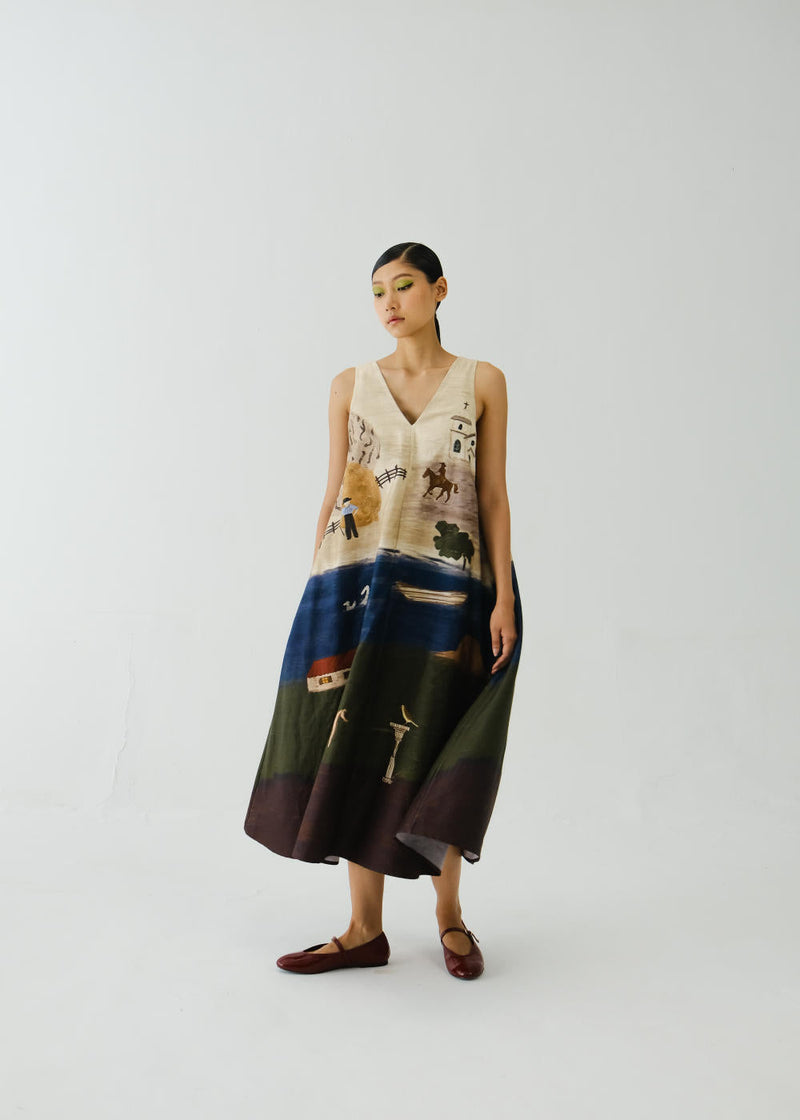 Ravine Dress-Village Print satin by CORD for women Worldwide