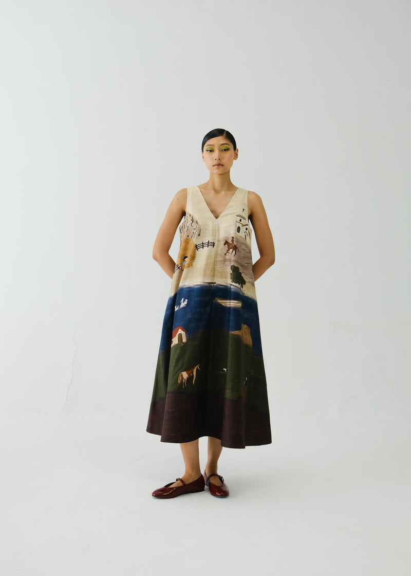 Ravine Dress-Village Print satin by CORD for women Worldwide