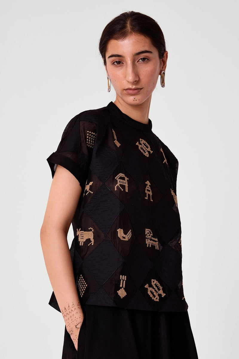 Rayya Black Handwoven Embroidered Top