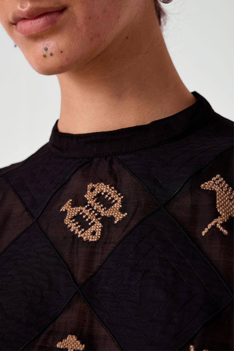 Rayya Black Handwoven Embroidered Top