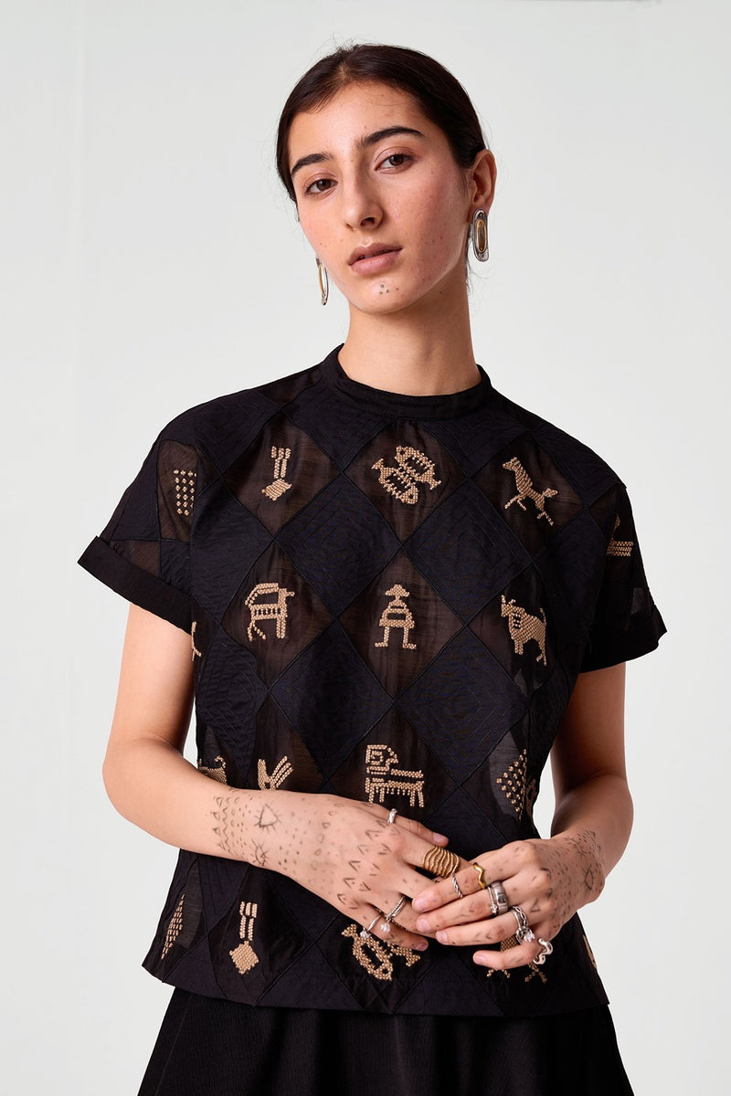 Rayya Black Handwoven Embroidered Top