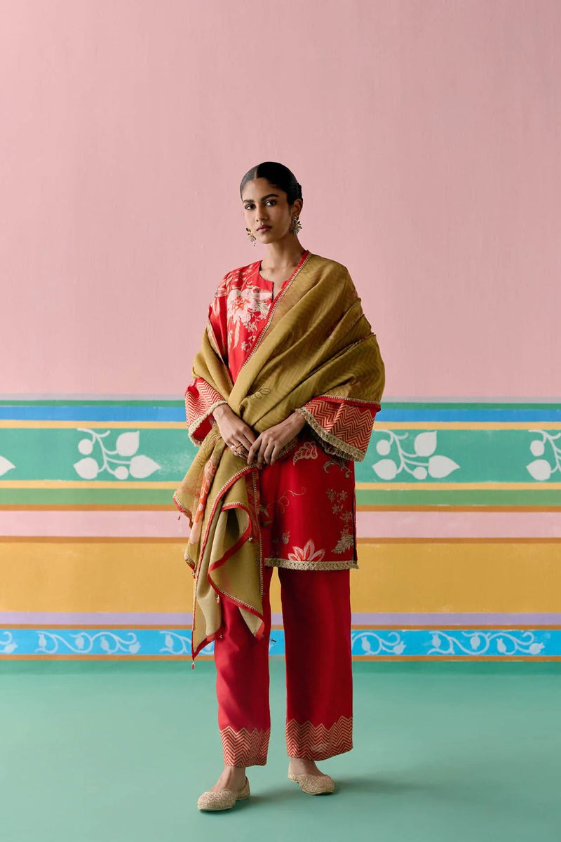 Red Chintz Kurta Set chanderi by Label Mogra in red color for women Worldwide