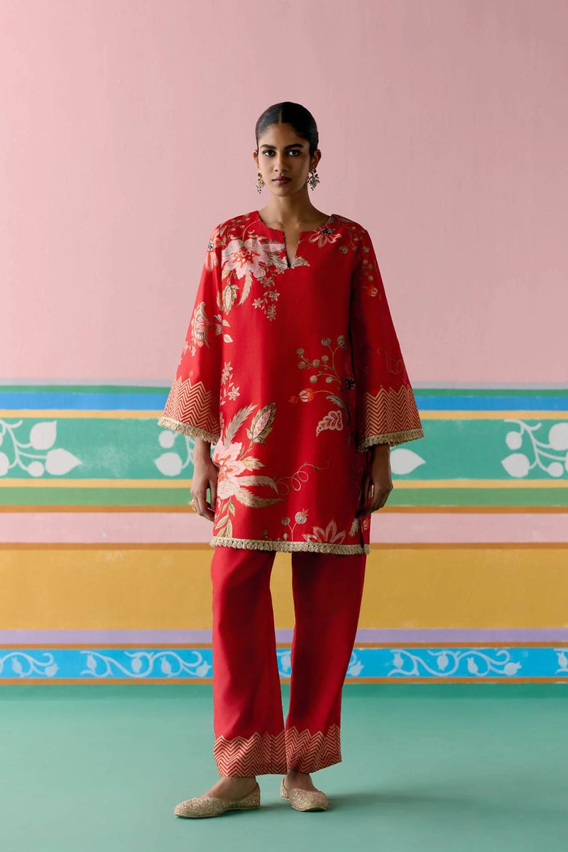 Red Chintz Kurta Set chanderi by Label Mogra in red color for women Worldwide