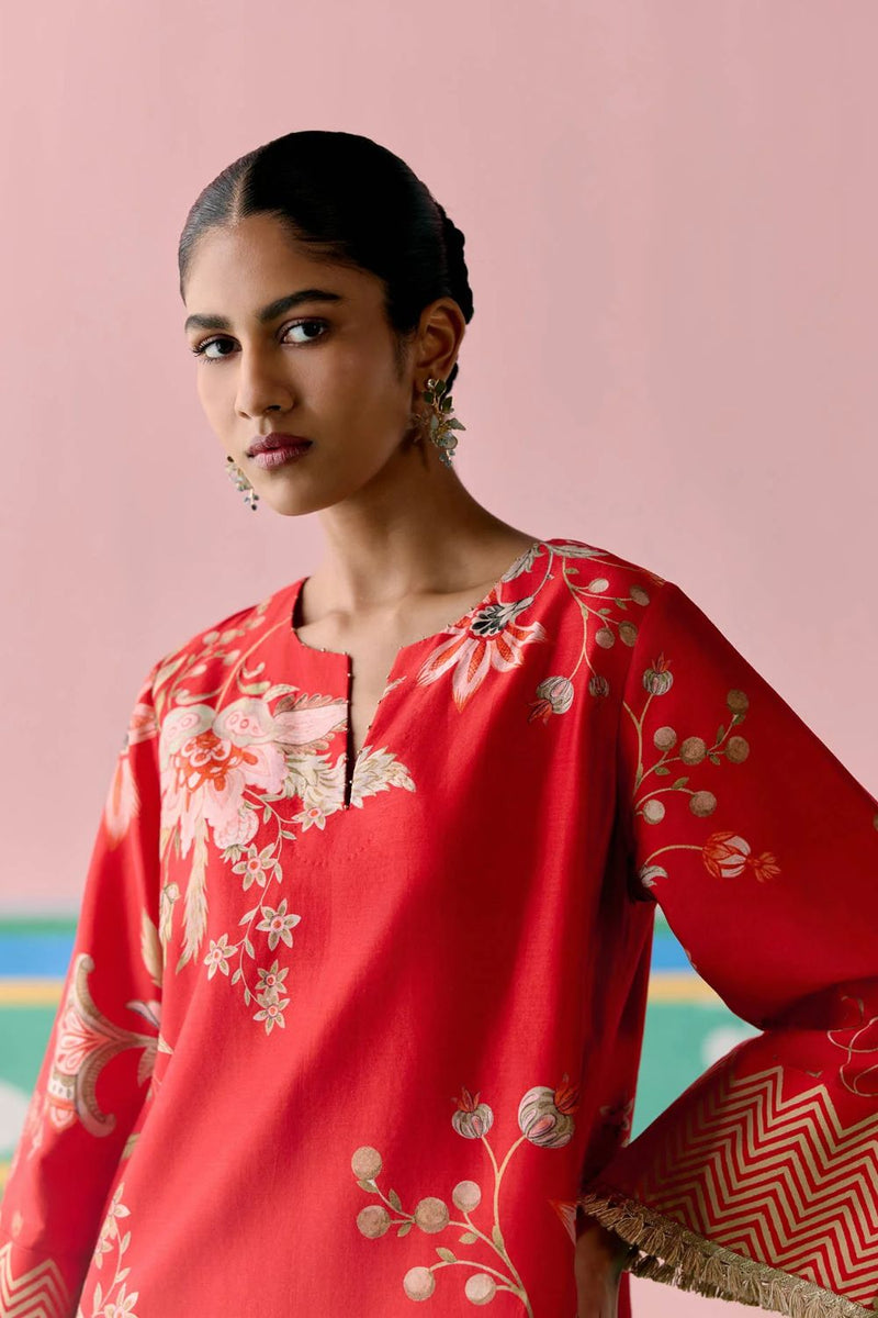 Red Chintz Kurta Set chanderi by Label Mogra in red color for women Worldwide