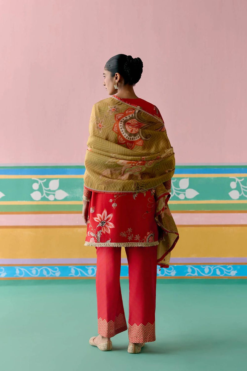Red Chintz Kurta Set chanderi by Label Mogra in red color for women Worldwide