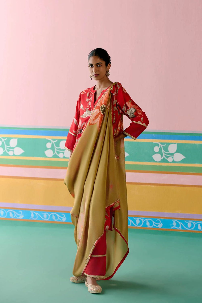 Red Chintz V-neck Kurta Set chanderi by Label Mogra in red color for women Worldwide