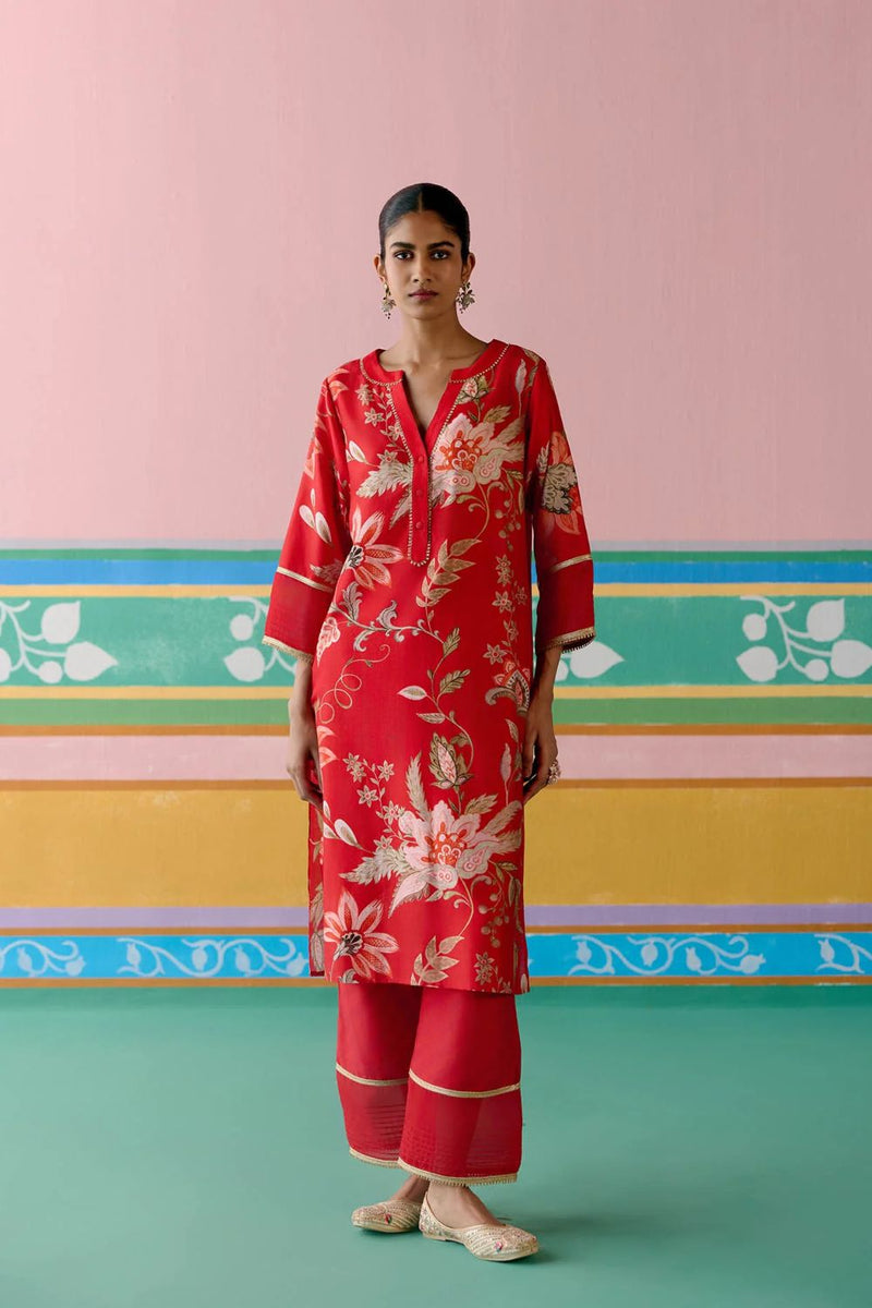 Red Chintz V-neck Kurta Set chanderi by Label Mogra in red color for women Worldwide