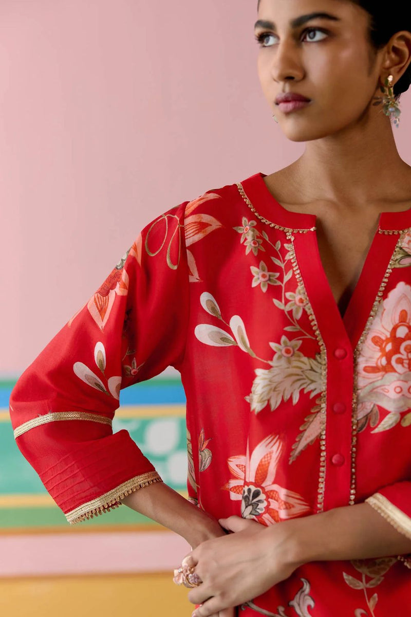 Red Chintz V-neck Kurta Set chanderi by Label Mogra in red color for women Worldwide