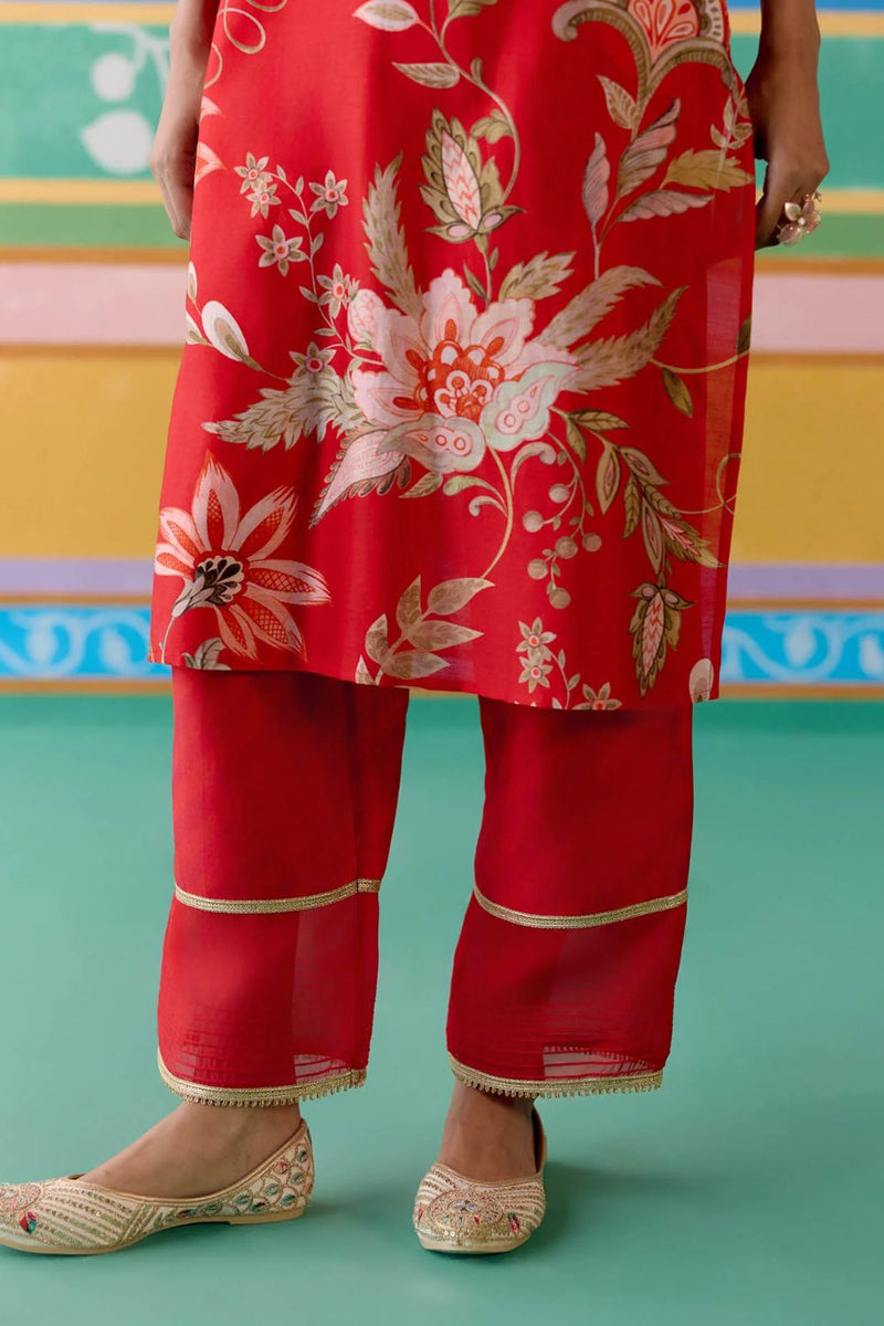 Red Chintz V-neck Kurta Set chanderi by Label Mogra in red color for women Worldwide