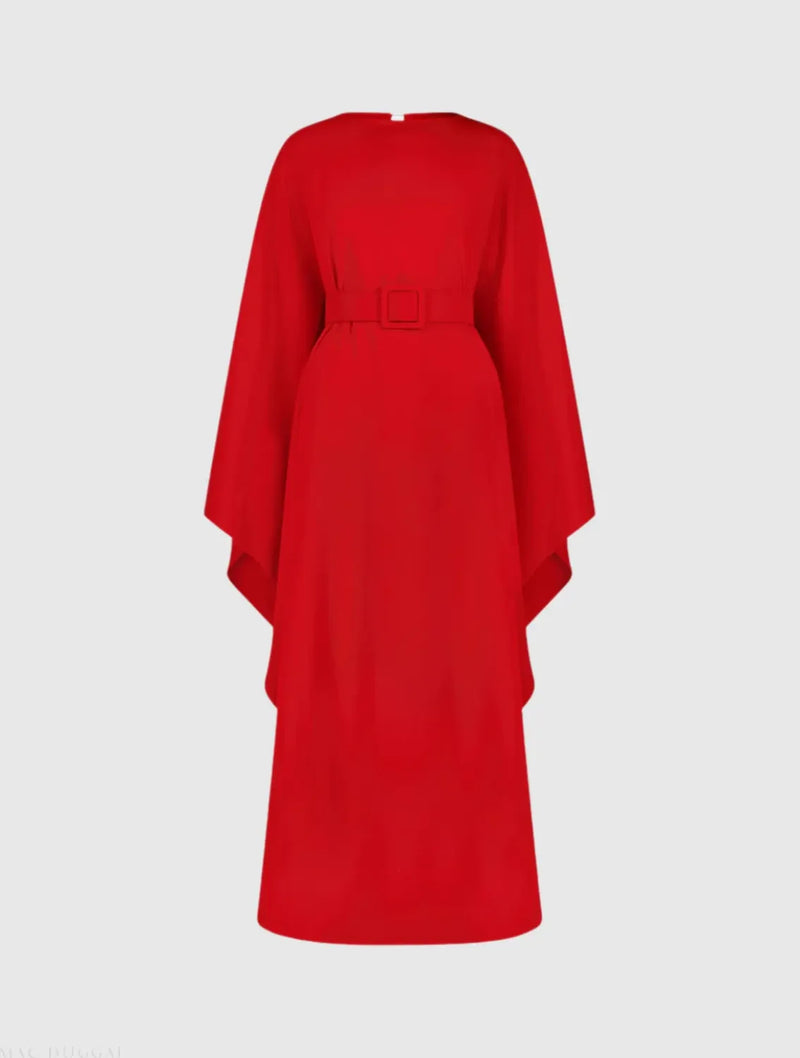 Red Crepe Boat Neck Kaftan Maxi Dress With Belt by Mac Duggal in red color for women Worldwide