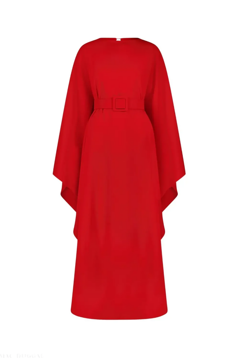 Red Crepe Boat Neck Kaftan Maxi Dress With Belt by Mac Duggal in red color for women Worldwide