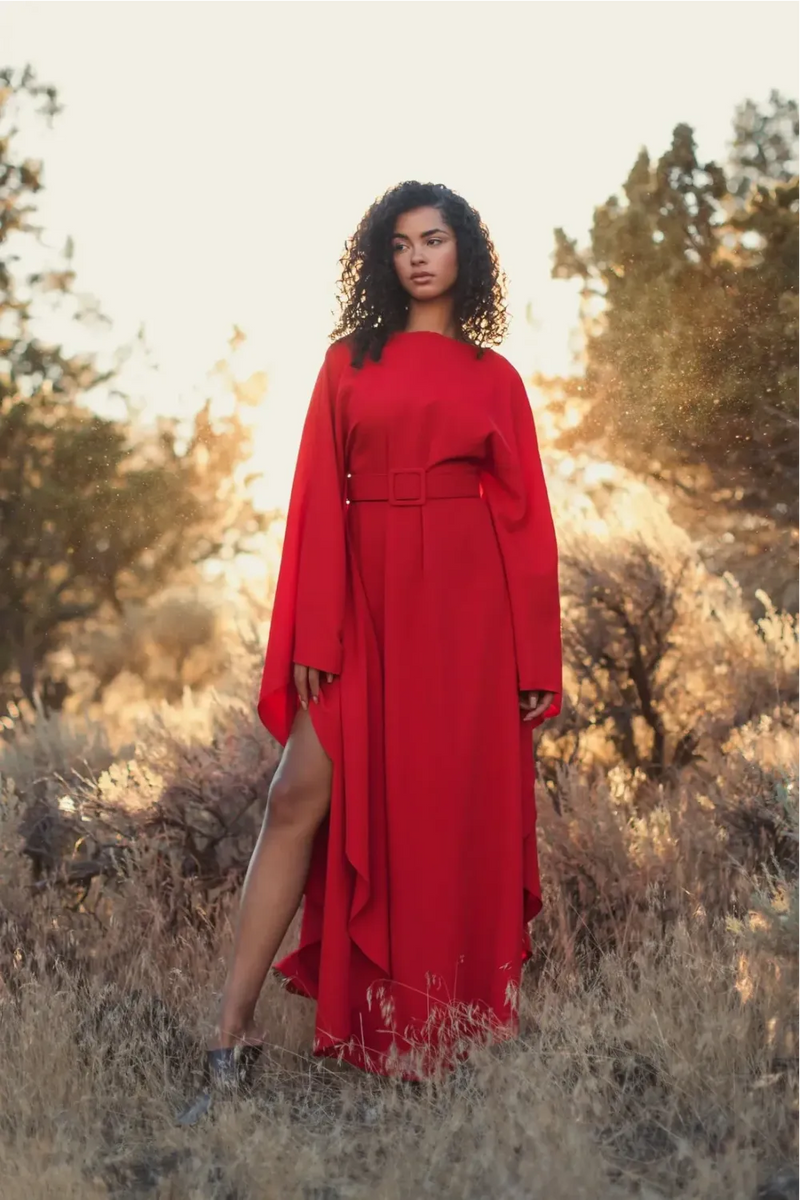 Red Crepe Boat Neck Kaftan Maxi Dress With Belt by Mac Duggal in red color for women Worldwide