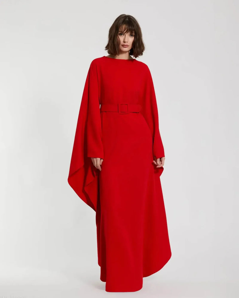 Red Crepe Boat Neck Kaftan Maxi Dress With Belt by Mac Duggal in red color for women Worldwide