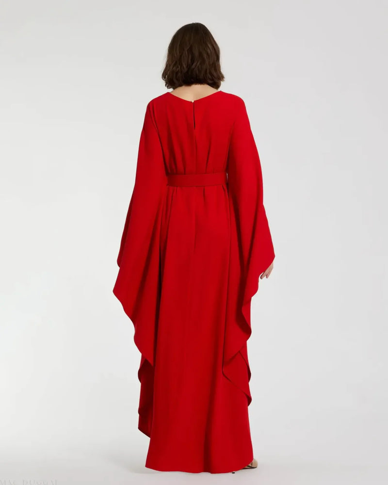Red Crepe Boat Neck Kaftan Maxi Dress With Belt by Mac Duggal in red color for women Worldwide