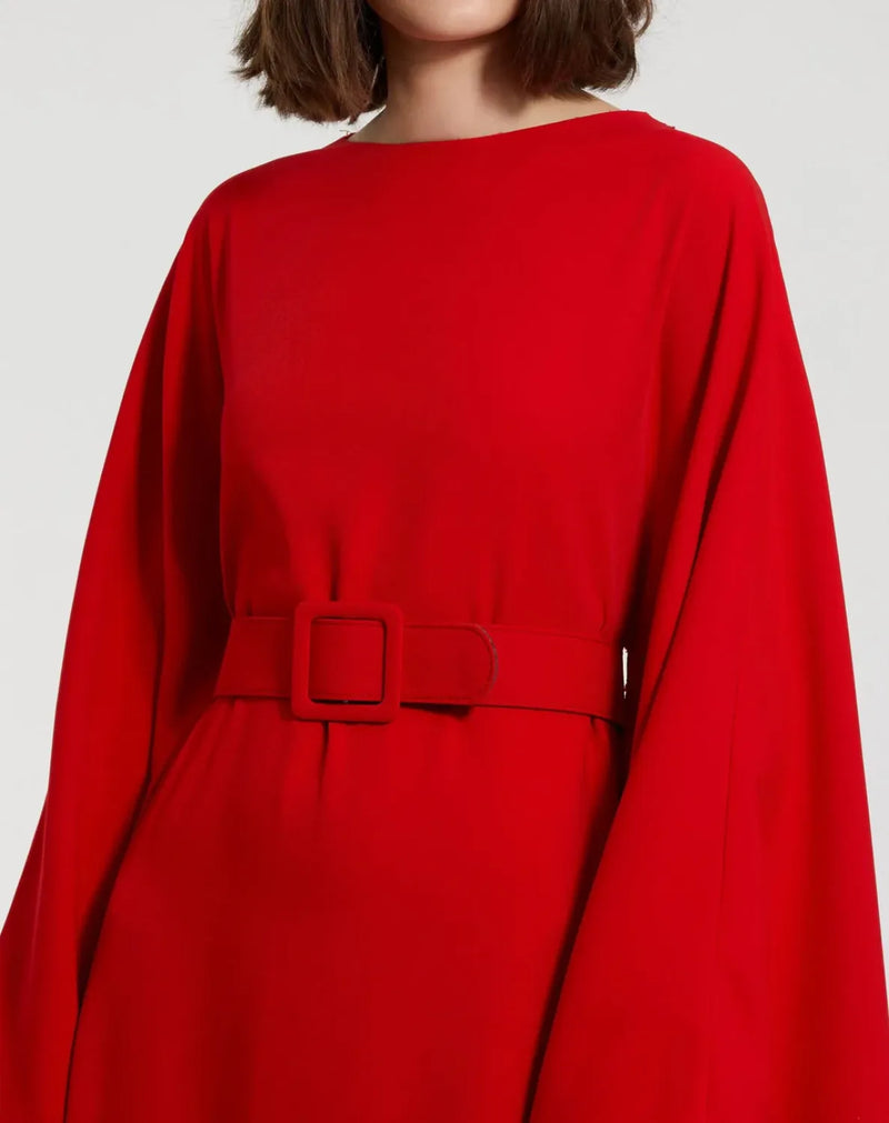 Red Crepe Boat Neck Kaftan Maxi Dress With Belt by Mac Duggal in red color for women Worldwide