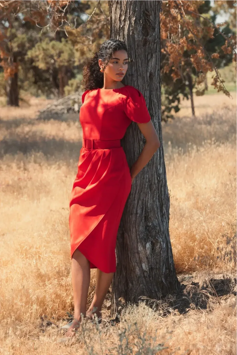 Red Crepe Boat Neck Midi Tulip Dress With Belt by Mac Duggal in red color for women Worldwide