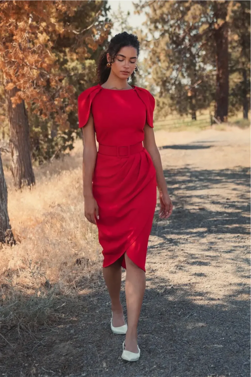 Red Crepe Boat Neck Midi Tulip Dress With Belt by Mac Duggal in red color for women Worldwide