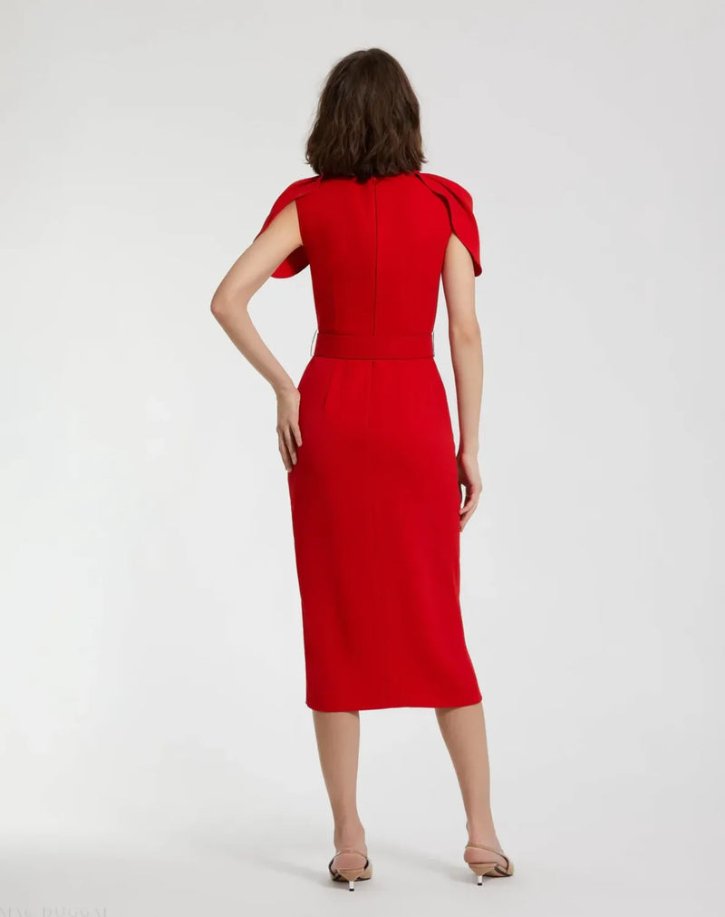 Red Crepe Boat Neck Midi Tulip Dress With Belt by Mac Duggal in red color for women Worldwide
