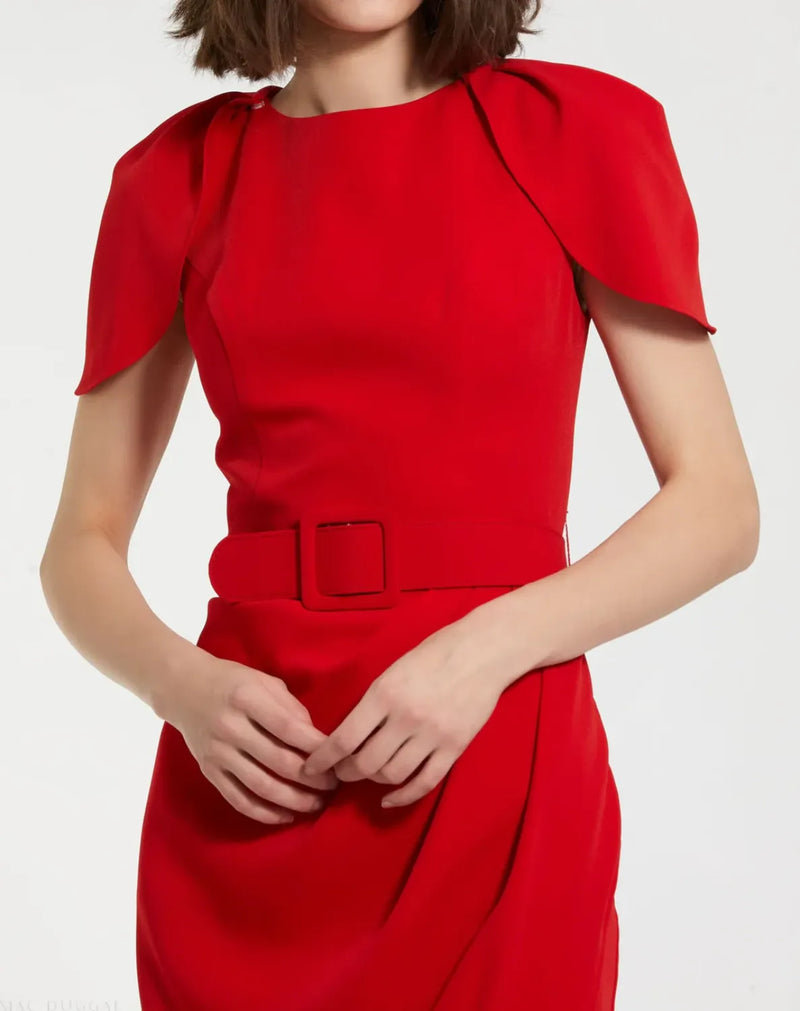Red Crepe Boat Neck Midi Tulip Dress With Belt by Mac Duggal in red color for women Worldwide