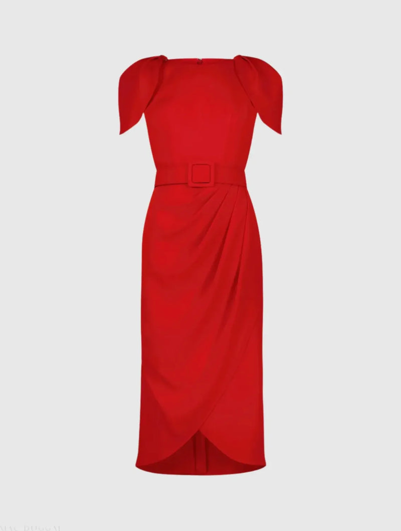 Red Crepe Boat Neck Midi Tulip Dress With Belt by Mac Duggal in red color for women Worldwide