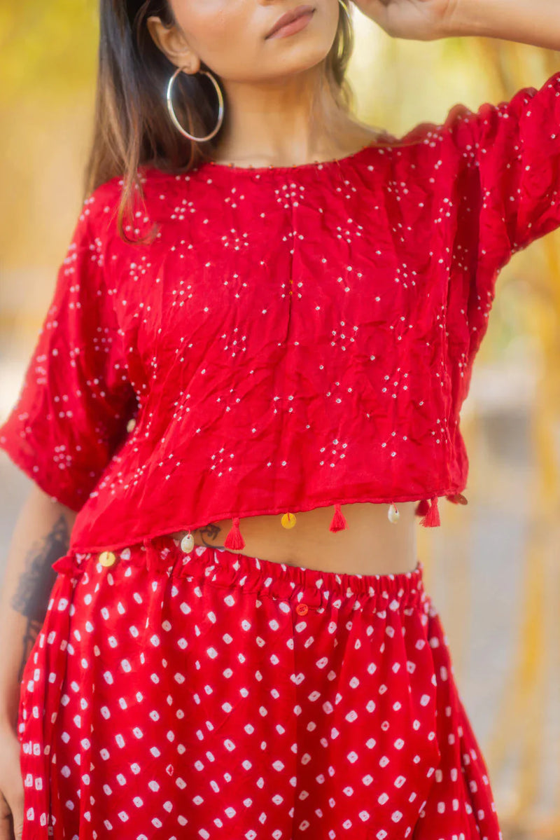 CROP TOP WITH TASSLES-RED silk by Dyelogue in red color for women Worldwide