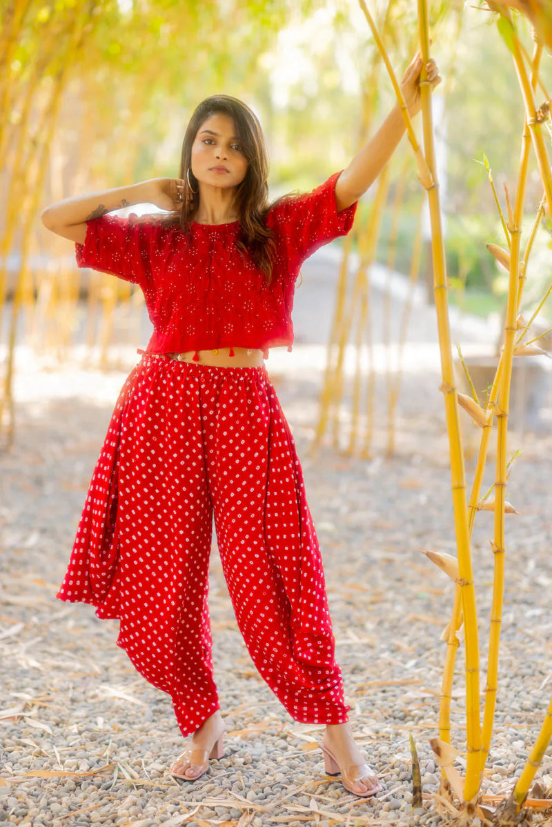 CROP TOP WITH TASSLES-RED silk by Dyelogue in red color for women Worldwide