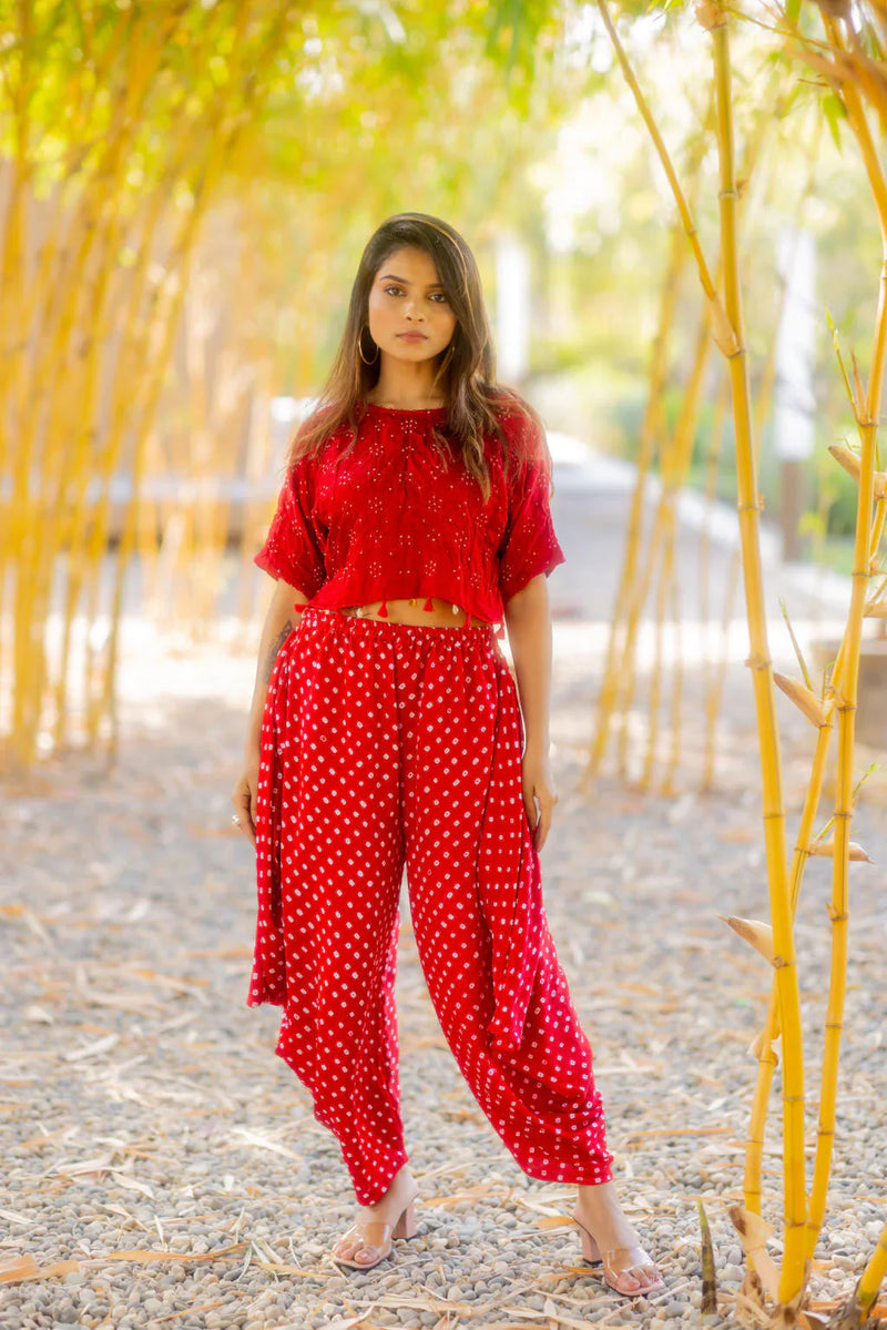CROP TOP WITH TASSLES-RED silk by Dyelogue in red color for women Worldwide