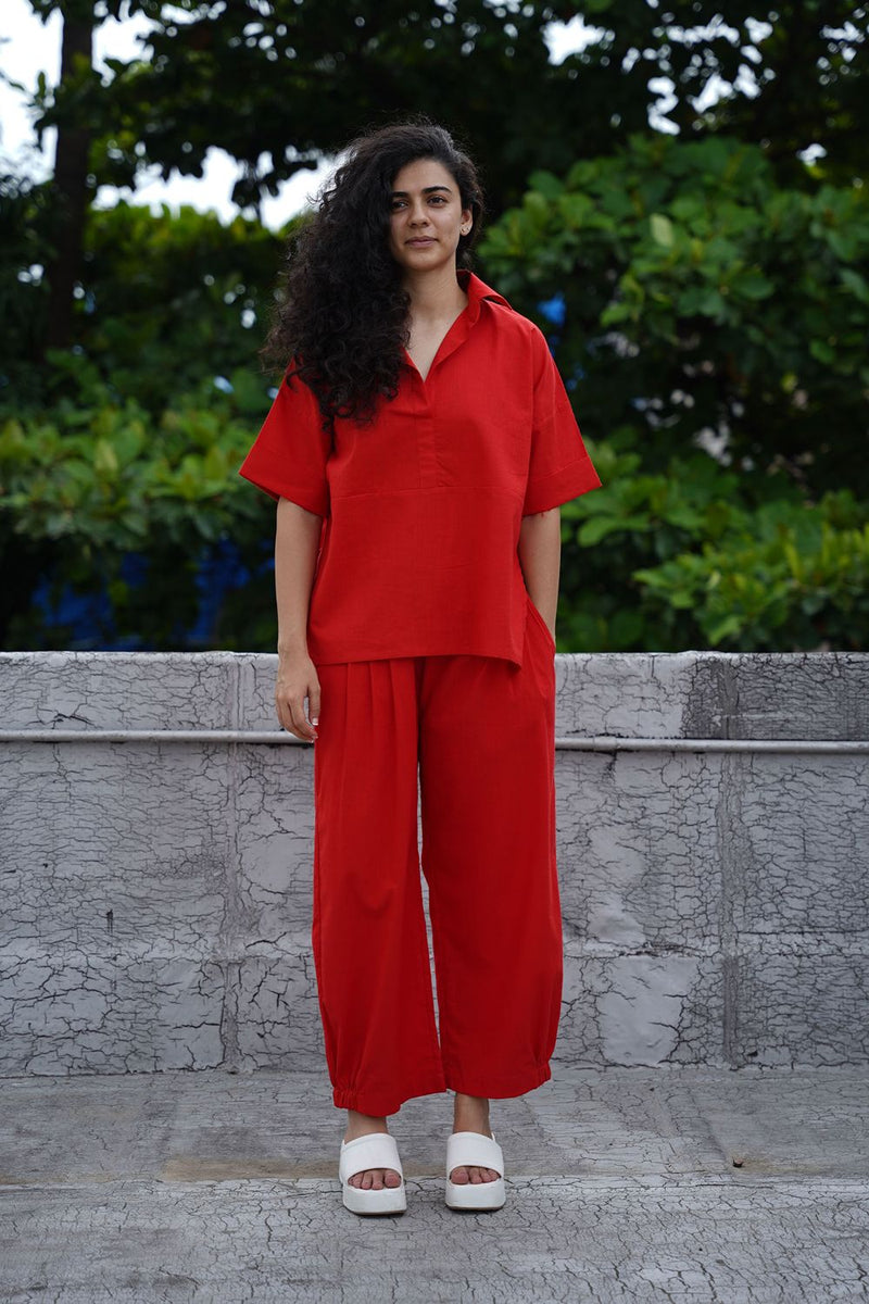 Red Ekin Shirt & Hera Cotton Co-Ord Set (2 PCS) cotton by Mati in red color for women Worldwide
