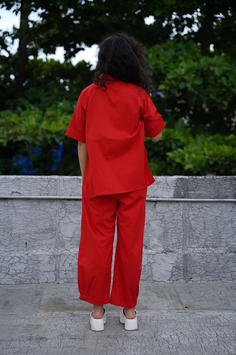 Red Ekin Shirt & Hera Cotton Co-Ord Set (2 PCS) cotton by Mati in red color for women Worldwide