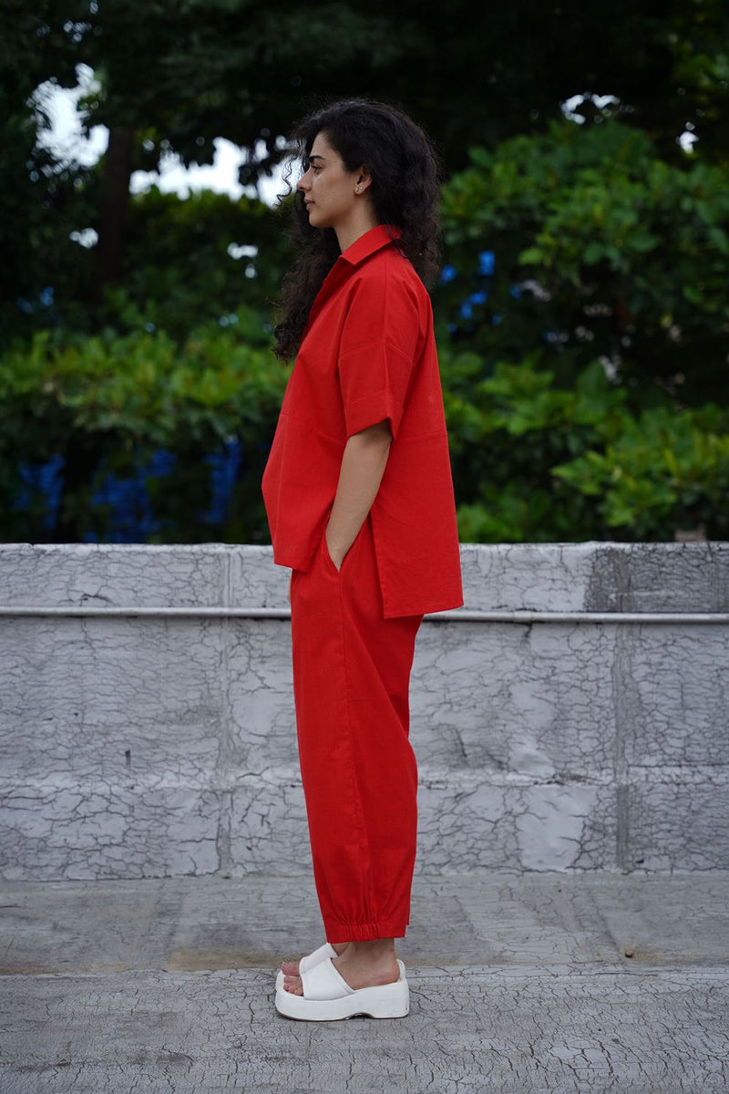Red Ekin Shirt & Hera Cotton Co-Ord Set (2 PCS) cotton by Mati in red color for women Worldwide