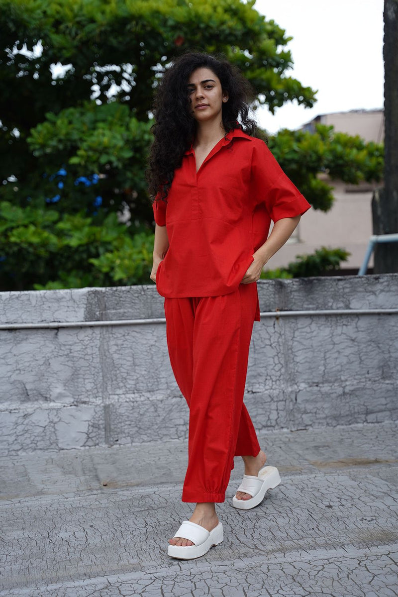 Red Ekin Shirt & Hera Cotton Co-Ord Set (2 PCS) cotton by Mati in red color for women Worldwide