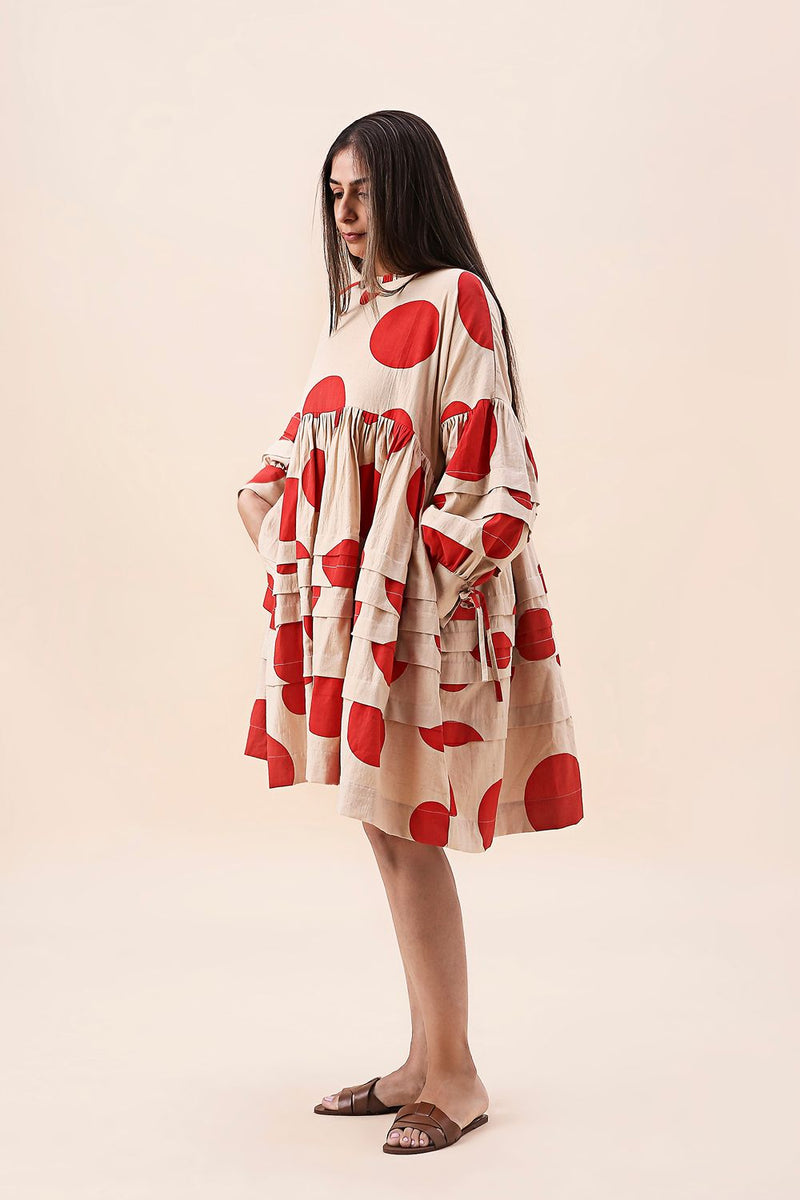Red Hand Block Printed Polka Avira Dress cotton by Mati in red color for women Worldwide