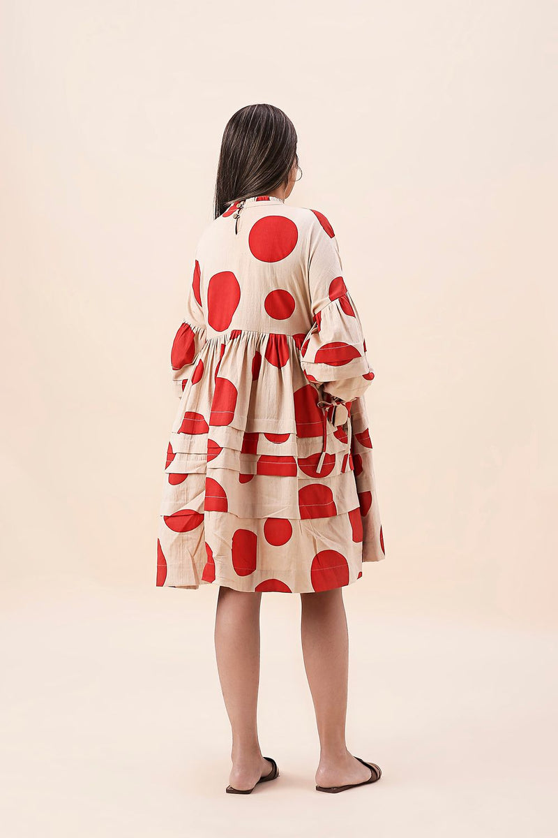 Red Hand Block Printed Polka Avira Dress cotton by Mati in red color for women Worldwide